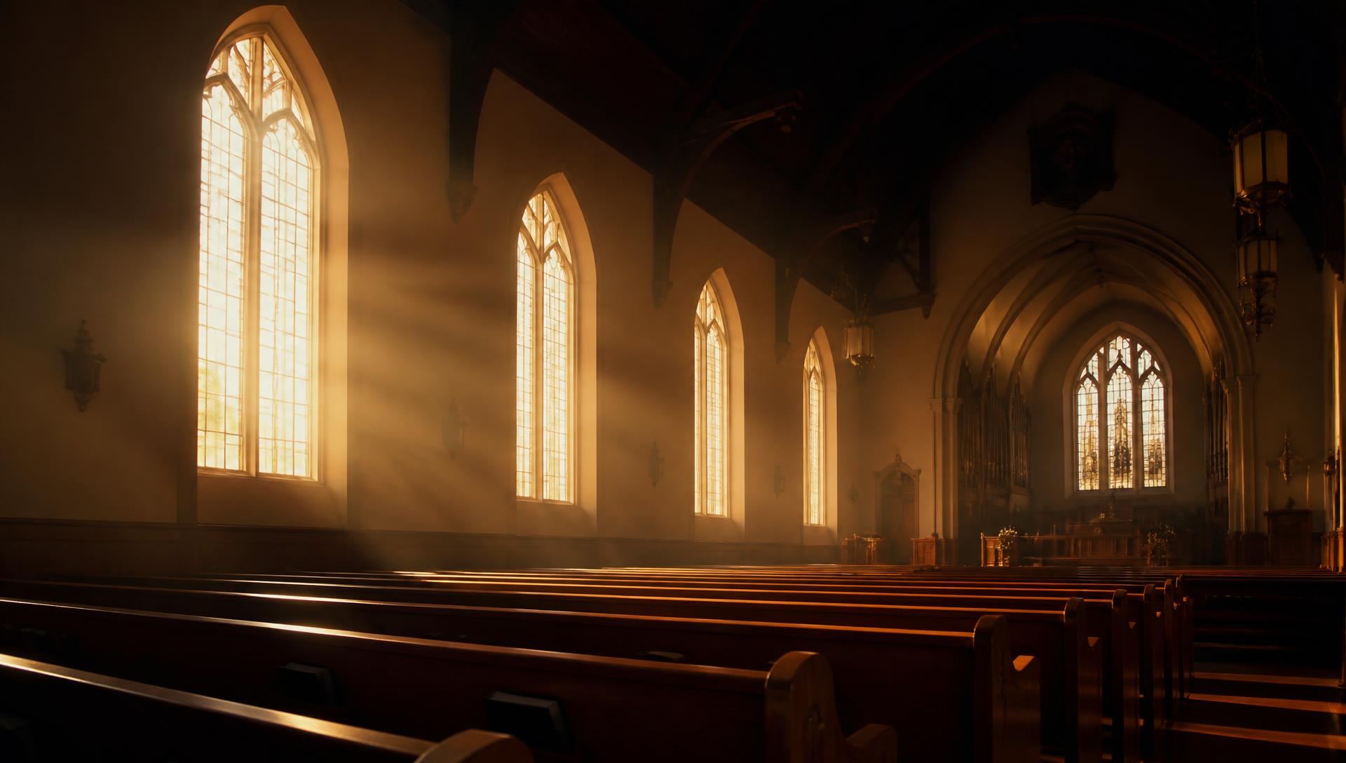 Sunlight streaming through the windows of an empty church sanctuary